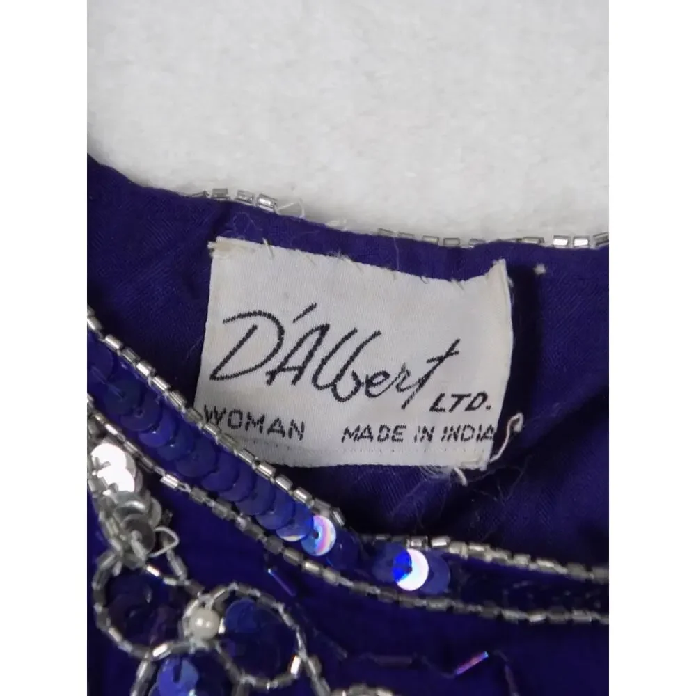 VTG D'Albert Sequin Beaded Blouse Eveningwear Blue Flower 80s 100% Silk - Picture 4 of 9